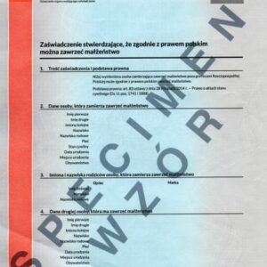 Tłumaczenie przysięgłe zaświadczenia o braku przeszkód do zawarcia małżeństwa z Polski na język angielski – online