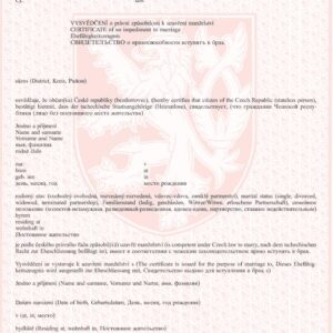 Tłumaczenie przysięgłe zaświadczenia o braku przeszkód do zawarcia małżeństwa z Czech na język polski – online