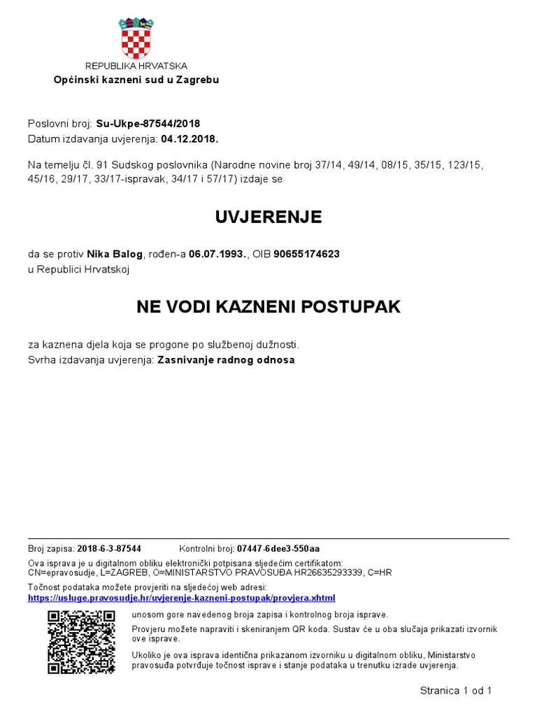 Tłumaczenie przysięgłe zaświadczenia o niekaralności z Chorwacji na język polski – online