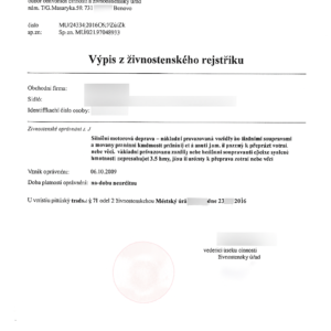 Tłumaczenie przysięgłe wpisu do ewidencji działalności gospodarczej z Czech na język polski – online